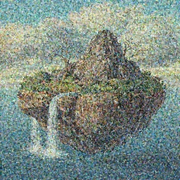 an island floating in the air, the island is rocky and bare with some vegetation, waterfalls left from the island flowing into the sea, highly detailed, animated, lovely, dreamy, morandi colour scheme, strong light and shadow atmosphere, painted by Ghibli