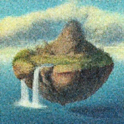 an island floating in the air, the island is rocky and bare with some vegetation, waterfalls left from the island flowing into the sea, highly detailed, animated, lovely, dreamy, morandi colour scheme, strong light and shadow atmosphere, painted by Ghibli