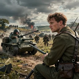 scene of a battlefield from world war ii in france, cinematic lighting, 8 k smooth, vibrant colors, ambient occlusion, hdr, complex, highly atmospheric lighting, highly detailed, photorealism, alex grey, greg rutkowski, focus, cinematic, concept art, artstation, trending