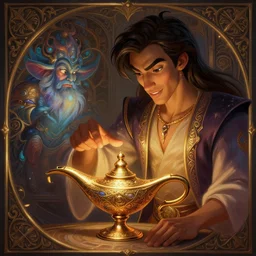 Aladdin rubbing a magic lamp, genie emerges from the lamp, deep focus, D&D, fantasy, intricate, elegant, highly detailed, digital painting, artstation, concept art, matte, sharp focus, illustration, hearthstone, art by Artgerm and Greg Rutkowski and Alphonse Mucha