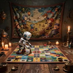 a beautiful tapestry, a small robot playing a futuristic boardgames ultra detailed, atmospheric lighting, steampunk, moody, candles, characters from machinarium, by don bluth, trending on artstation, octane render, 8 k, ultra realistic