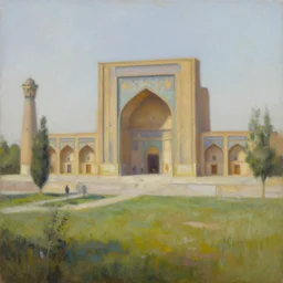 a beautiful painting of a building in a serene landscape by Amir Zand