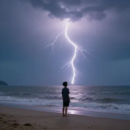 lonely boy at beach looking in the sky, cinematic lightning, dramatic sky, finely detailed perfect art, realistic