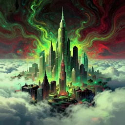 psychdelic city dreamworld in the clouds, surrealist and abstract digital art trending on artstation by artist Rob Gonsalves and Mark Riddick supreme peace immense knowledge black green mint lime yellow deep maroon red dmt art