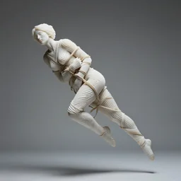 a perfect photograph of a woman made of corrugated alabaster. she is floating, contorted and tied in a knot. she has three million legs. perfect focus, studio lighting, maglev chernobyl