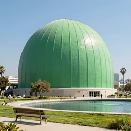 giant green museum dome built in los angeles with parks, bench and water with city of los angeles very far away in the background, sunny day, hyperdetailed, artstation, cgsociety, 8 k