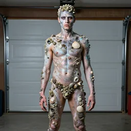 a human standing in his garage, covered with iridescent bodypaint, shells and barnacles