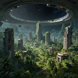 a post apocalyptic city in ruins inside a spaceship with a dome with the stars, falling buildings, Halo Array, nature growing around the city, futuristic estructures in ruins, lush scenery, concept art, trending in artstation, lush landscape, pretty space stars, realistic light, award-winning, spaceship in space in ruins, forest, forest, forest, forest, forest, forest, forest, forest, forest, lush, lush, lush, lush