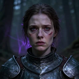 head and shoulders portrait of a female knight with a worried expression, scars under her grey eyes. sad and tired eyes, broken neclace. background forest, very dark!, a few thin violet light rays behind her. high detail, artstation top ten, photo in the style of kenneth willardt.