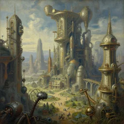 surrealist landscape, inside steampunk ant citya, painting, highly detailed