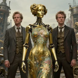 brass semi - mechanical woman, portrait, floral art nouveau dress, art by ardian syaf and moebius, craig davidson, in steampunk cityscape