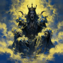 full shot of a crying!!!! king of darkness!!, covered in yellow and blue clouds, evil, scary, demonic, cloudcore, by kim keever