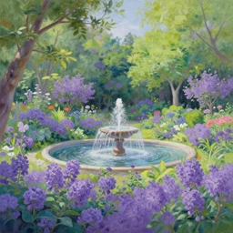 tranquil painting of purple garden with green trees and a water fountain in the middle of garden, detailed, 8k, mesmerizing