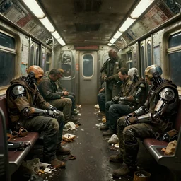 wallpaper of homeless cyborgs in dirty subway car, garbage on ground, from scifi movie by digital domain and weta digital, textures, ambient occlusion, volumetric lighting, vray render, unreal engine shading, raytracing