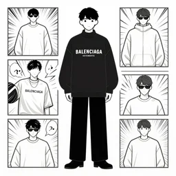 balenciaga vetements fashion. anime character minimalistic illustration. action comics panel
