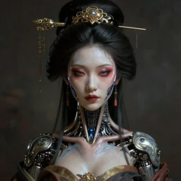 portrait painting of an asian cyborg geisha, ultra realistic, concept art, intricate details, eerie, highly detailed, photorealistic, octane render, 8 k, unreal engine. art by artgerm and greg rutkowski and alphonse mucha