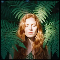 An analog head and shoulder frontal face portrait photography of a redhead woman behind multiple big fern leaves by Annie Leibovitz. Long hair. eyes closed. Agfa Vista 800 film. Sunshine. detailed. hq. realistic. Rembrandt light style. warm light. muted colors. lens flare. photoreal. Bloom and glare. Leica M9. canon EOS R3, f/1.4, ISO 200, 1/160s, 8K, RAW, unedited, symmetrical balance, in-frame