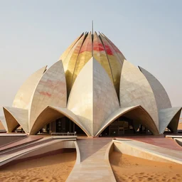 futuristic lotus fractal temple with gold, red and white marble panels, in the desert, by buckminster fuller and syd mead, intricate contemporary architecture, photo journalism, photography, cinematic, national geographic photoshoot