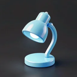 icon of a desk lamp in light blue metallic iridescent material, 3 d render isometric perspective on dark background