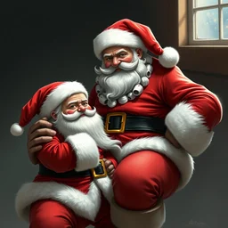 two santa claus, one is shirt and one is tall, the short one is sitting on the bigger one's knee, by artgerm, trending on artstation, fine details