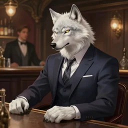 photography of a male anthropomorphic albino wolf fursona wearing a nice suit at a bar, deep focus, intricate, elegant, highly detailed, digital painting, artstation, concept art, matte, sharp focus, illustration, hearthstone, art by artgerm and greg rutkowski and alphonse mucha