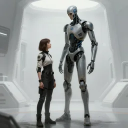 concept art by greg rutkowski, a very tall and slender cyborg, talking to a short woman dressed in a utilitarian black and white jumpsuit, high tech and futuristic white walled environment, unnatural lighting, uncanny atmosphere, frightening and creepy atmosphere, scifi, highly detailed portrait, digital painting, artstation, concept art, smooth, sharp foccus ilustration, artstation hq