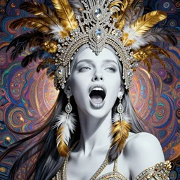 absurdly beautiful, fashionable young woman with clear white skin screaming, wearing an intricate headdress made from diamonds and gold and feathers, wearing large earrings made from feathers, a stripe painted on lips, in the fourth dimension, psychedellic fractals, ayahausca, tryptamine, hyperdetailed illustration by irakli nadar and alexandre ferra, intricate linework, unreal engine 5 highly rendered, global illumination, radiant light, detailed and intricate environment