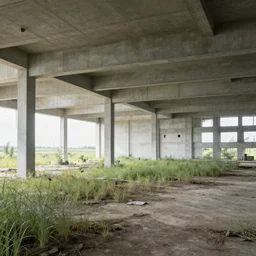 a farm inside an abandoned concrete building, by simon stalenhag