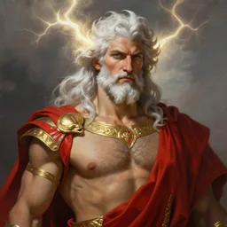 painted portrait of rugged zeus, god of thunder, greek god, white hair, masculine, mature, handsome, upper body, red and gold, mysterious, muscular, hairy torso, fantasy, intricate, elegant, highly detailed, digital painting, artstation, concept art, smooth, sharp focus, illustration, art by gaston bussiere and alphonse mucha
