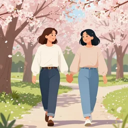 “ two transgender lesbians happily walking together in a park holding hands with cherry blossoms in the air, realistic illustration, colorful art ”