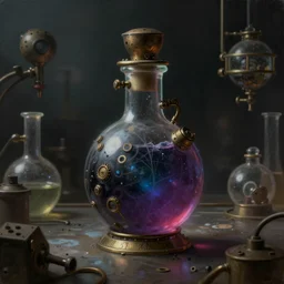 a painting of a steampunk dark marine colored potion bottle in a dark dusty vintage science lab, by h. r. giger, hyperrealistic fantasy art, concept matte, ethereal, dreamy, digital art, trending on artstation, volumetric cinematic lighting
