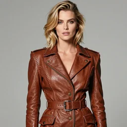 kodachrome sharply focused photograph, fashion model carolyn murphy, exquisite features, feminine cut, frontiers in flight leather suit, excessive stitching, nick knight studio lighting,