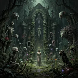 lush lovecraftian garden, filled with eldritch beings and dread, high - contrast, intricate, elegant, highly detailed, digital painting, artstation, concept art, smooth, sharp focus, illustration