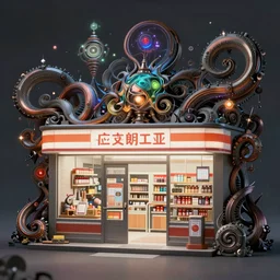 fantasycore, eldritch, psychic, masterpiece, 8k resolution, scrollwork, magic conduits, zBrush, cel-shaded, convenience store, art by greg hildebrandt, composition by 2099 neo-tokyo