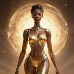 black african cyborg princess, warm volumetric lighting, cosmic, symmetric, highly detailed, elegant, concept art, heavenly, god rays, glowing aura, intricate, sharp focus, illustration, alexandros pyromallis, bouguereau, rutkowski, artgerm, alphonse mucha