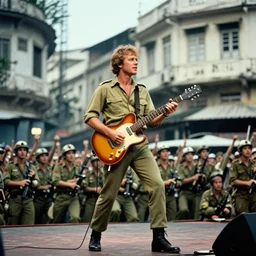 roy buchanan onstage in vietnam during uso tour 1 9 7 3, color, soldiers, cinematic, saigon
