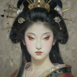 portrait of a beautiful japanese goddess, unusual beauty, esoteric, muted colors, head in focus, fantasy art, ornamental aesthetics, intricate, elegant, highly detailed, hyperrealistic painting, artstation, concept art, painterly, sharp focus, illustration, art by chie yoshii