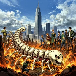 an anime landscape illustration of a skyscraper - sized centipede made out of bones, trampling a burning forest from skyrim, by stanley artgerm lau, wlop, rossdraws, james jean, andrei riabovitchev, marc simonetti, and sakimichan, trending on artstation