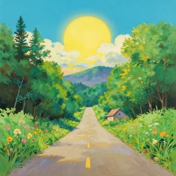 empty village runway panorama in the woods with beautiful sky and giant sun, bloom, on, painting by tyler edlin kazuo oga ghibli pixar disney ghibli gouache painting