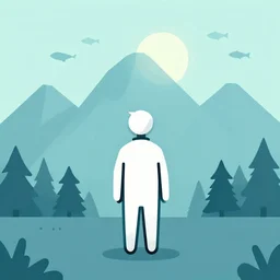 minimalistic fisherman in a geometric design, in the background there are isometric mountains and forest with flying fish with a moon on top behind the top, trending on artstation, cute digital art, no text, HD original image