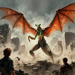 a mantis kaiju with spread wings attacking a city, legendary epic shot, blade runner, low camera angle, dust,  by artgerm, cloverfield movie, julie bell, beeple and Greg Rutkowski, airbrush, science fantasy, 50s, concept art, matte painting, Smooth gradients, octane render, 8k, High contrast, duo tone, depth of field, volumetric lightning, very coherent artwork