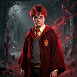 Portrait Masterpiece, Harry Potter, red, glowing, wires everywhere, by Edgar Maxence and Ross Tran, Zdzisław Beksiński, and Michael Whelan, distant, gustav dore, H.R. Giger, 8k, octane render