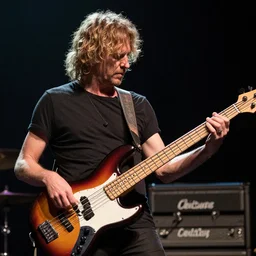 bass player stefan lessard jamming on stage, photorealistic, 3 5 mm macro