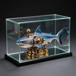 a glass rectangle box, inside is a half shark half steam punk engine machine