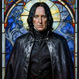 breathtaking detailed painting of severus snape with long cloak in an art nouveau stained glass, by ruan jia, intricate cloak of silver night mists, piercing eyes, detailed realistic facial features, 8 k, concept art, matte, sharp focus, rembrandt style