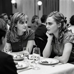 b & w photo of emma stone and emma watson having dinner in the 1 9 7 0 s,