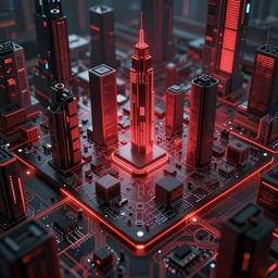photo of a futuristic city in a dystopian future made of electronic components and looks like a giant pcb board. Very detailed 8k. Unreal engine 5 render with nanite, global illumination and path tracing. Cinematic post processing. Emphasize on the colors red and black.