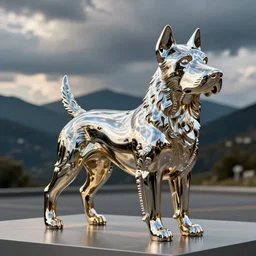 A shiny metallic sculpture of a rough collie by Jeff Koons