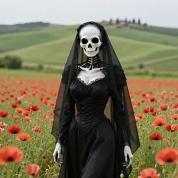lady death dressed in black with a black veil in a field of poppies on a tuscan hillside, low pov, by george frederick watts, lucien levy - dhurmer, edgard maxence, oil on canvas, 1 8 9 6