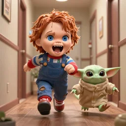 an adorable portrait of screaming chucky doll and grogu running in hallway, disney, in the style of pixar, photorealistic, 4 k, high resolution